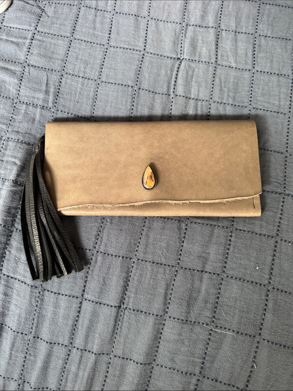 Custom leather Classic Taupe Foldover Clutch Wallet with Tassel